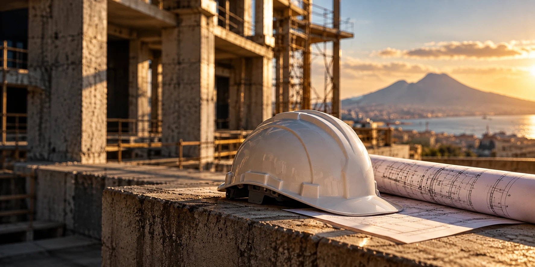 Cantiere di un edificio in costruzione con casco e progetti, Vesuvio sullo sfondo
