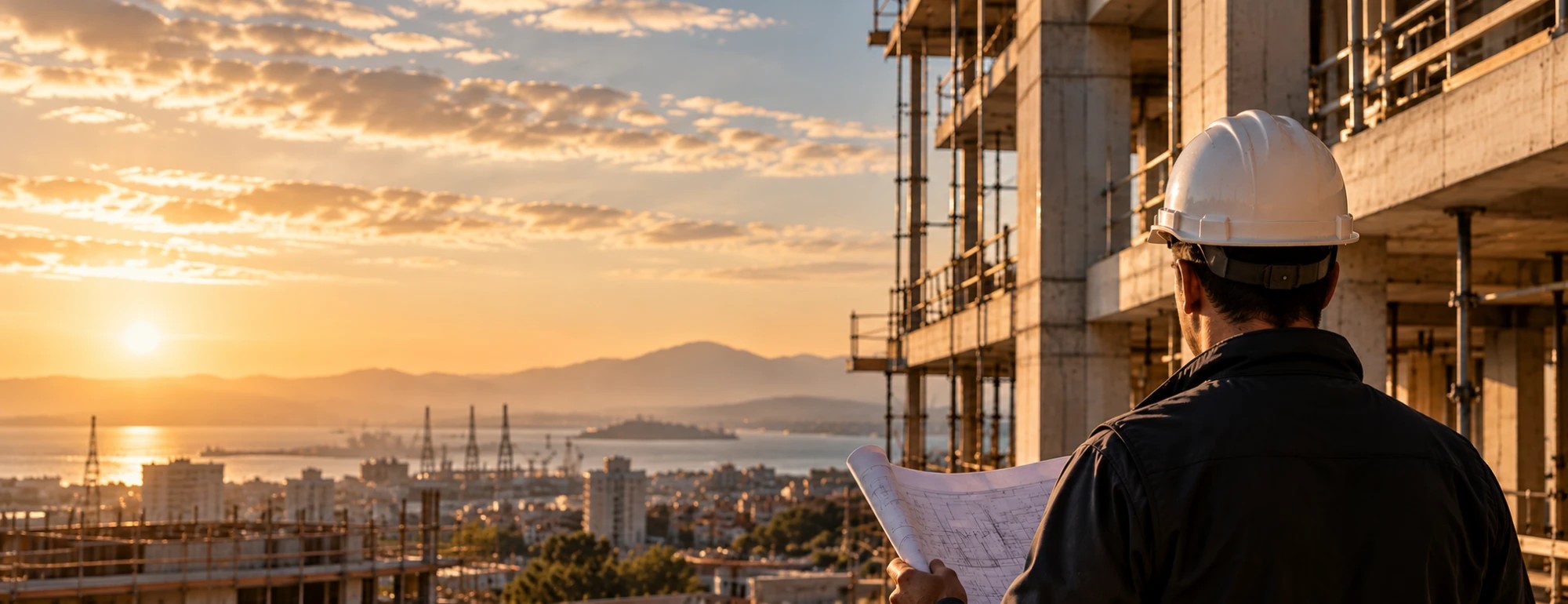 Un tecnico con il casco consulta il progetto davanti a un edificio in costruzione, al tramonto sul golfo